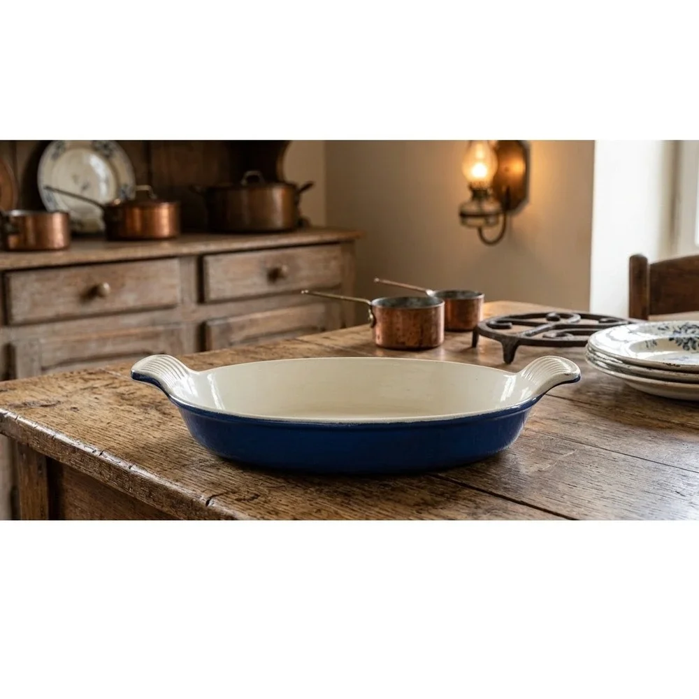 Vintage Blue Enameled Cast Iron Oval Gratin Baking Dish with Scalloped Handles